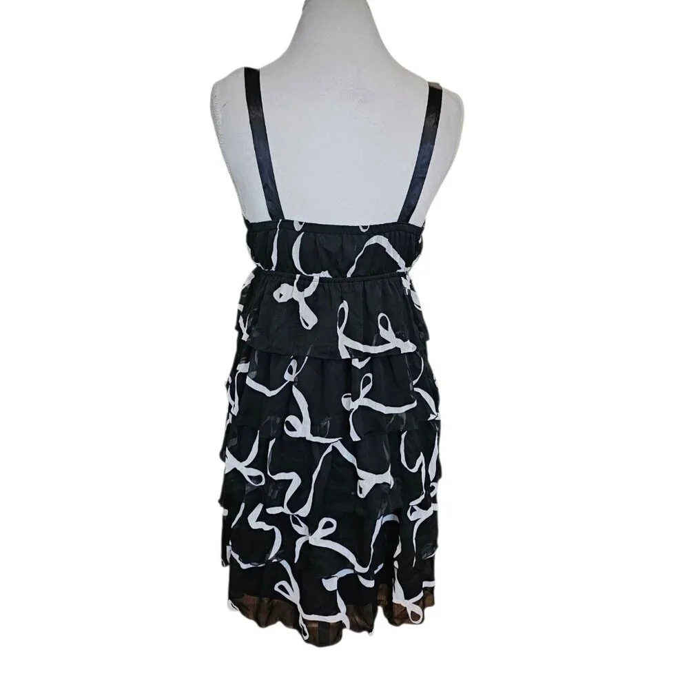 Y2K Womens Babydoll Dress‎ Black Bow Print Tiered Ruffles Sz M L Retro Coquette